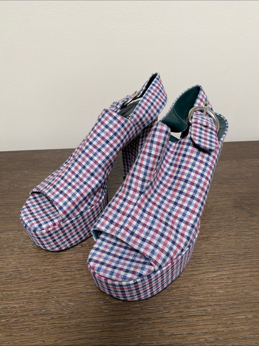 Mulberry Red & Blue Gingham Platform Sandals